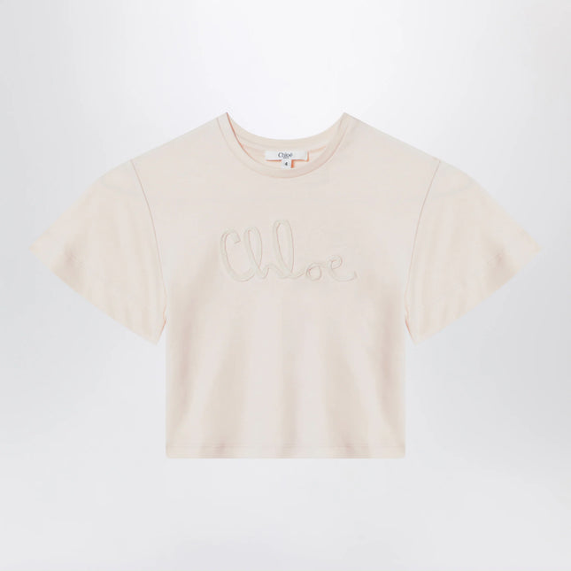 Chloé Light pink cropped T-shirt with logo embroidery